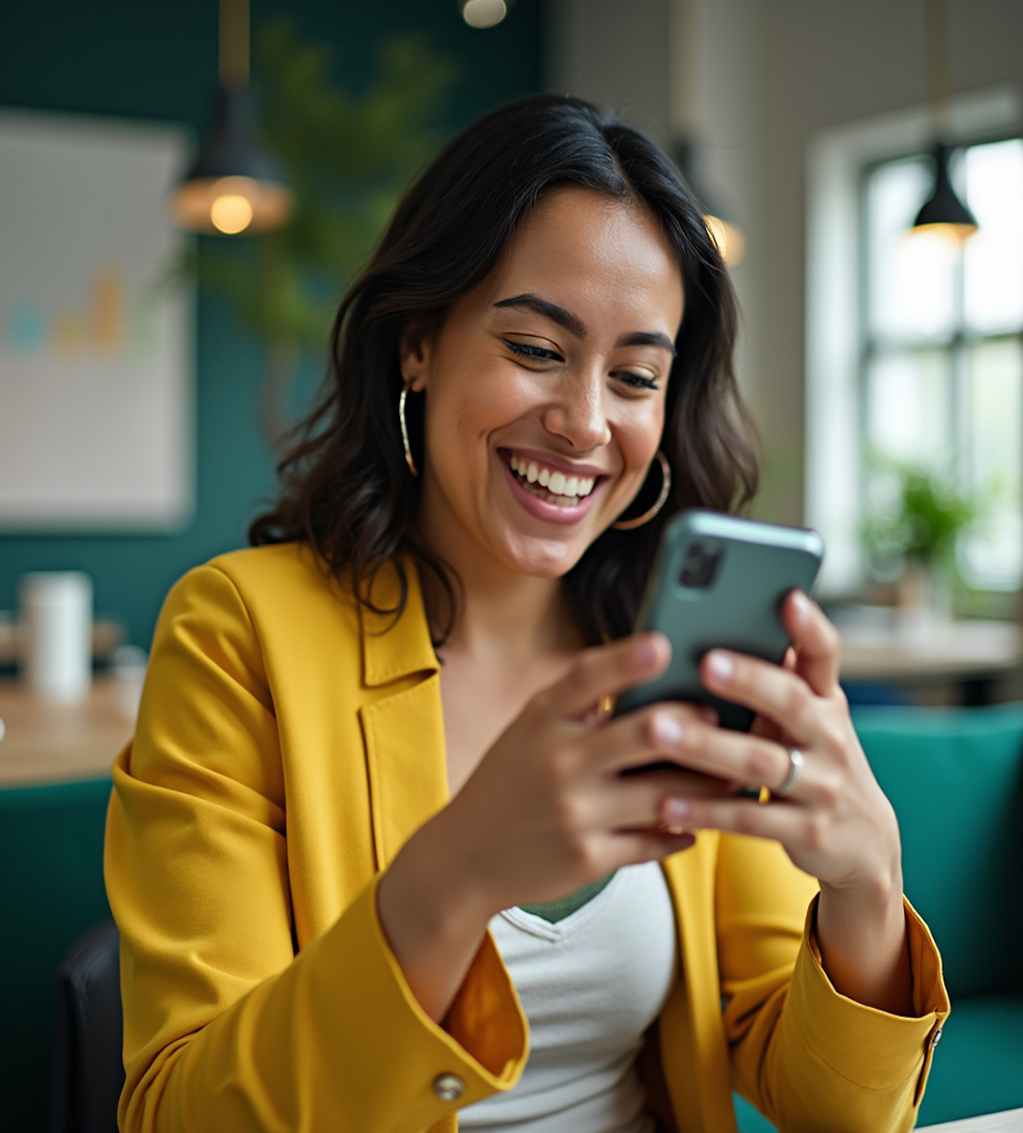 Woman holding a phone looking relaxed and happy