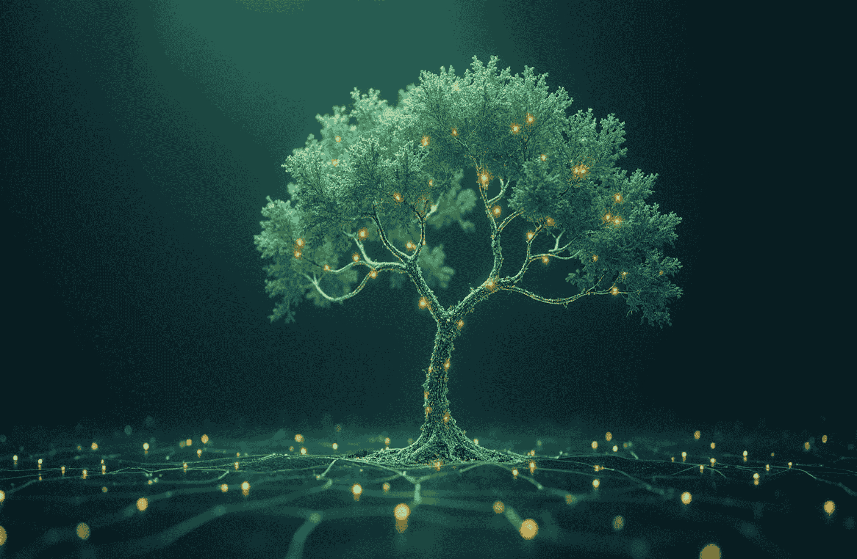 Digital tree of life with subtle glowing icons.